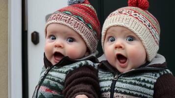 Twins dressed in cozy winter hats and jackets smiling outdoors in the cold photo
