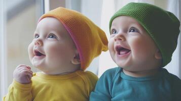Joyful babies wearing colorful hats engage in playful expressions while gazing through a window on a bright day photo