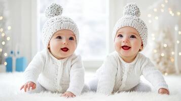 Twins in cozy winter outfits enjoying a joyful moment indoors surrounded by soft lighting and festive decorations photo