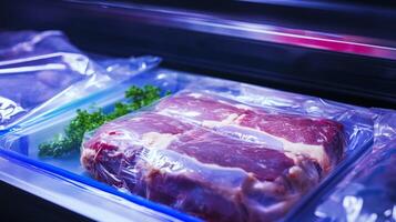 Freshly vacuum-sealed beef cuts in a display case at a local butcher shop showcasing quality meats photo
