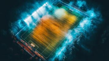 Vibrant soccer field illuminated at night with colorful lighting and fog creating a dramatic atmosphere photo