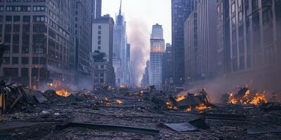Urban destruction and chaos in a modern city after a catastrophic event at dawn photo