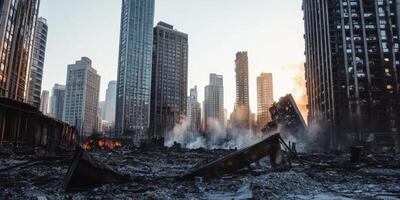 City skyline engulfed in flames with crumbling buildings and smoke rising during sunset photo