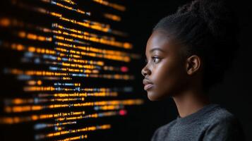 Young girl focused on coding and programming on digital screen in a modern indoor environment photo