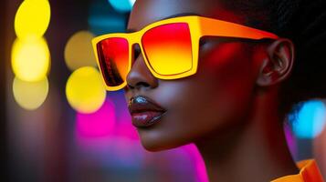 Bold fashion statement with vibrant sunglasses in urban nightlife setting photo