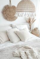 Cozy and inviting bedroom featuring natural textures and neutral tones in a serene setting photo