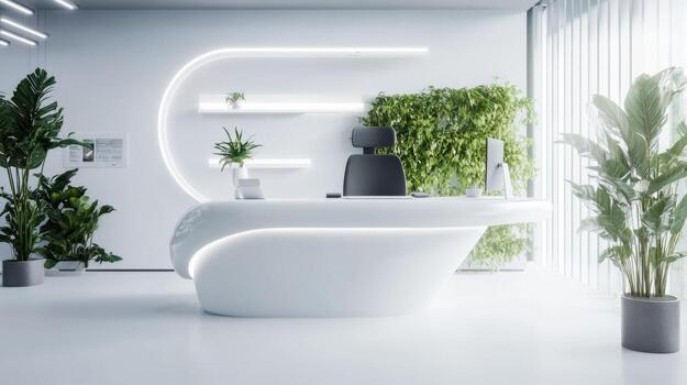 Modern reception area showcasing sleek design and green elements in a bright indoor space photo