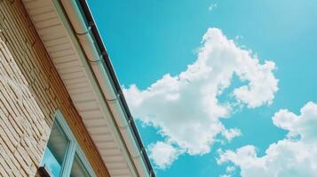 Bright blue sky with fluffy clouds above a building's edge during a sunny day in a suburban neighborhood photo