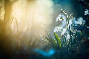 Delicate snowdrops bloom in a tranquil forest setting during springtime sunlight photo