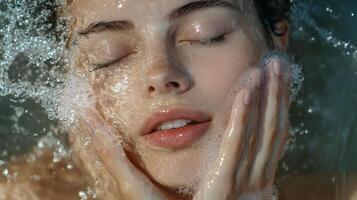 Young woman enjoys a refreshing facial cleanse underwater during a relaxing spa session in a serene environment photo