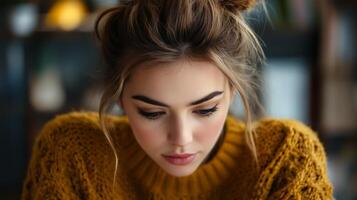 Young woman in cozy sweater focused on work in modern indoor setting during daylight hours photo
