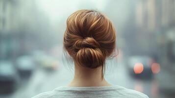 Woman with a bun hairstyle facing a busy street on a foggy day in a city photo