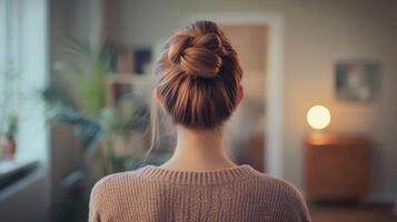 Woman with a bun hairstyle observes the cozy interior of a softly lit room in the evening photo