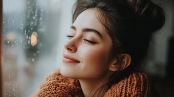 Young woman enjoying a moment of serenity while looking out the window on a rainy day photo