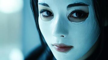 Woman applying a white facial mask with a serene expression in a softly lit room photo