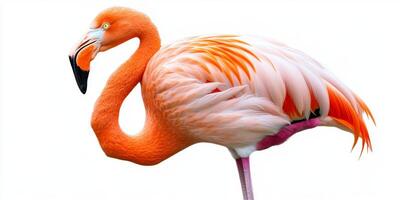 Bright flamingo with vibrant plumage standing gracefully against a pale backdrop photo