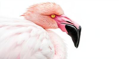Stunning close-up of a flamingo showcasing its vibrant features against a minimalistic white background photo