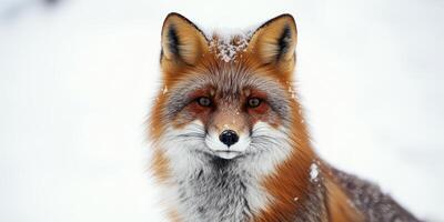 Majestic red fox stands in winter snow with snowflakes on its fur photo