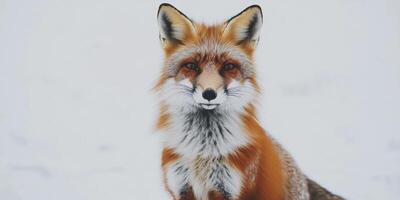 Fox in winter landscape with snow-covered surroundings showing detailed fur and alert expression photo