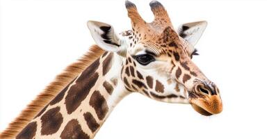 Giraffe portrait showcasing distinct patterns and large eyes against a white background photo