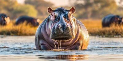 Hippo wades through calm water at sunset with other hippos in the background in a scenic natural habitat photo