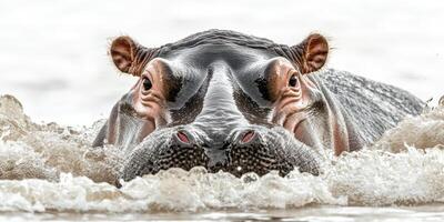 Hippo swimming towards the camera in a river during midday light surrounded by splashing water photo