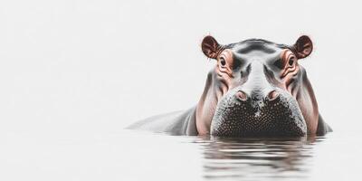 Hippo emerges from water in a serene setting with a soft focus on its facial features photo