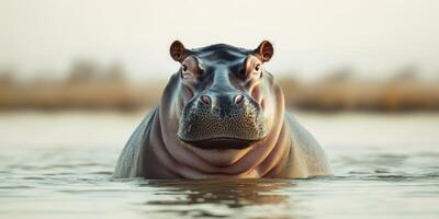 Hippo submerged in calm water during sunrise in an African wetland area photo