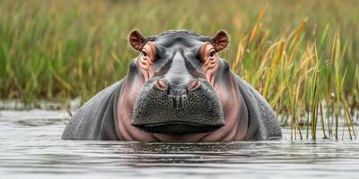 Hippo emerging from the water in a lush wetland area during daylight hours photo
