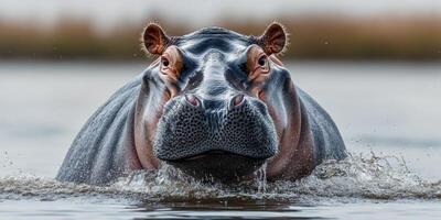 Hippo swimming in a river with calm water and a blurred background in the late afternoon light photo