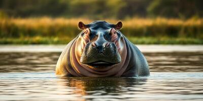 Large hippo enjoys a tranquil moment in a serene river during sunset in Africa photo