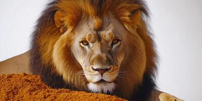 Majestic lion resting on sandy surface in a serene setting during daylight hours photo