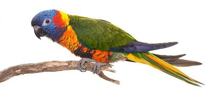 Vibrant rainbow lorikeet perched on a branch against a white background photo