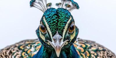 Colorful peacock displaying vibrant feathers against a neutral background in bright daylight photo