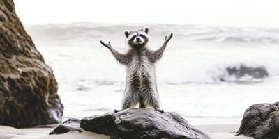 Raccoon stands on rocky beach with ocean waves in background during cloudy day photo