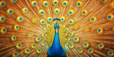 Vibrant peacock displays its colorful feathers in an enchanting natural setting photo