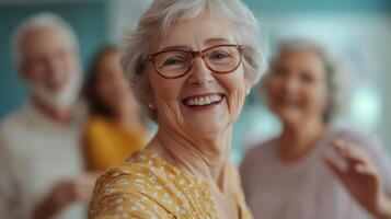 Elderly woman enjoys a joyful moment with friends at a gathering in a cozy indoor space during daylight hours photo