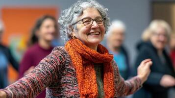 Seniors enjoying a joyful dance activity in a community center during a lively afternoon gathering photo