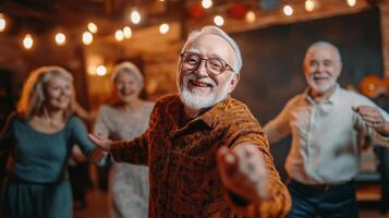 Seniors enjoying a lively dance in a warmly lit celebration environment during an evening gathering photo