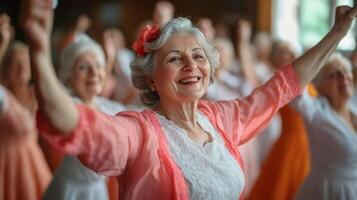 Seniors engage in lively dance activity at a community event in a bright hall during the afternoon hours photo
