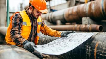 Construction worker reviews plans on pipeline construction site in broad daylight wearing safety gear photo