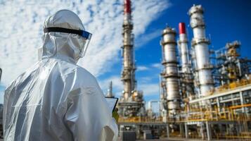 Worker in protective gear checking equipment at an industrial facility under a blue sky with clouds in the background photo