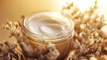 Natural cream in a jar surrounded by delicate flowers on a soft golden background photo