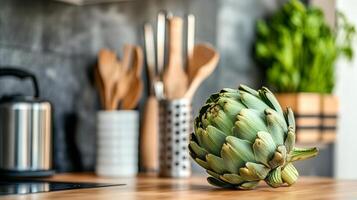 Fresh artichoke on a wooden kitchen counter with utensils and herbs in the background photo