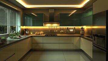 Modern kitchen design featuring minimalistic cabinets and ambient lighting in a stylish home photo