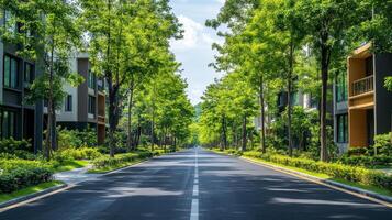 Lovely residential street lined with trees and greenery in a modern urban setting on a sunny day photo