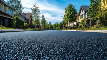 Freshly paved street lined with residential houses and greenery in a suburban area during clear daytime photo