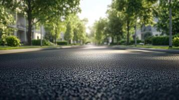 Quiet suburban street with trees along the road under morning sunlight in a residential area photo