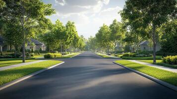 Serene suburban street lined with lush trees and houses during a bright sunny day photo
