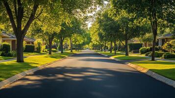 Calm tree-lined street in suburban neighborhood during afternoon sunlight in summer photo